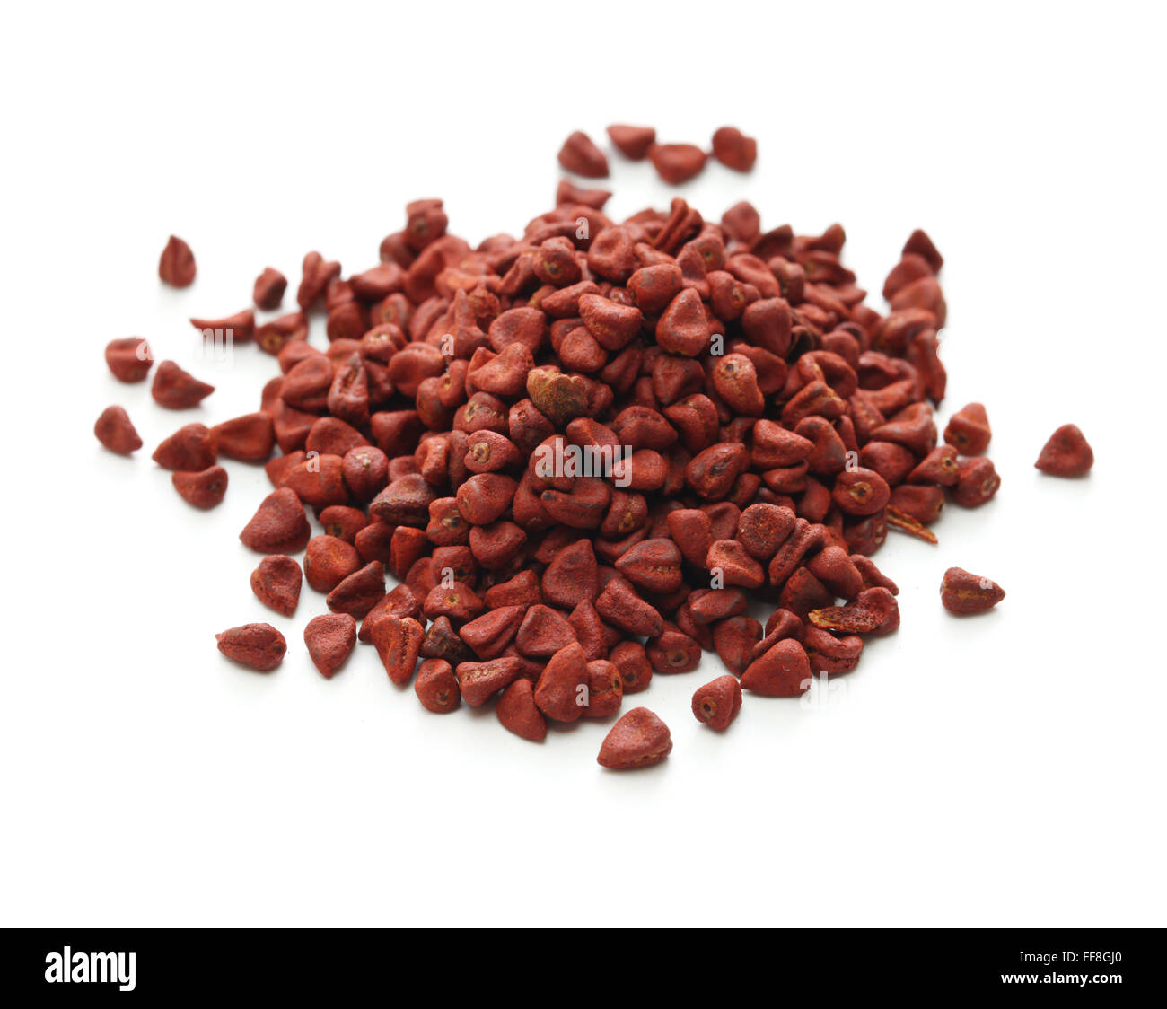 Graines, graines de rocou achiote, Bixa orellana seeds isolé sur fond blanc Banque D'Images