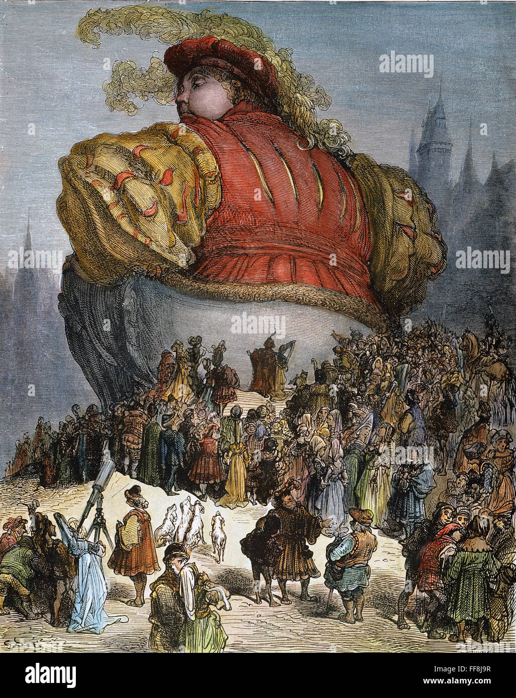 RABELAIS : GARGANTUA, 1873. /Nl'peuple de Paris s'émerveiller de Gargantua. La gravure sur bois, 1873, après Gustave DorΘ pour "Gargantua et Pantagruel" par Franτois Rabelais. Banque D'Images