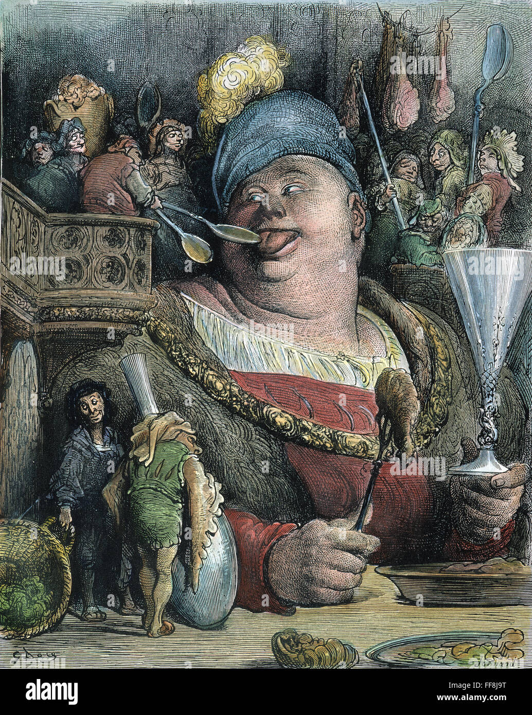 RABELAIS : GARGANTUA, 1873. Le Gargantua nAt /repas parisien, quatre hommes moutarde pelle dans sa bouche. La gravure sur bois, 1873, après Gustave DorΘ pour "Gargantua et Pantagruel" par Franτois Rabelais. Banque D'Images