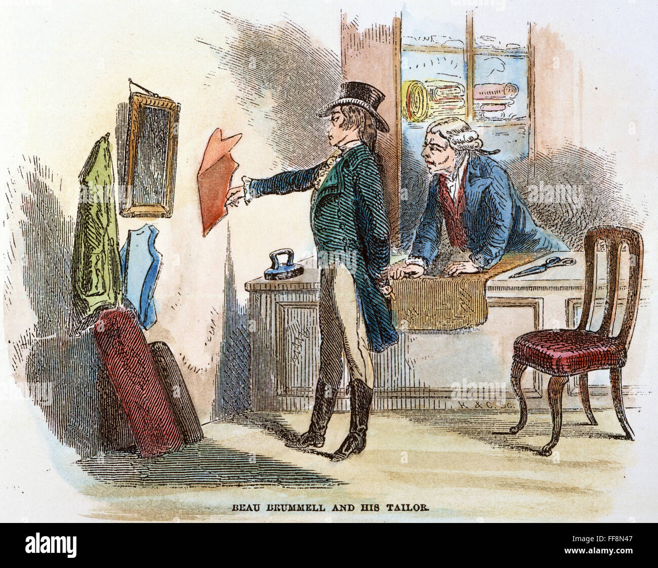 GEORGE BRUMMELL (1778-1840). /NGeorge Bryan 'beau' Brummell à sa boutique de tailleur : gravure, 19e siècle. Banque D'Images