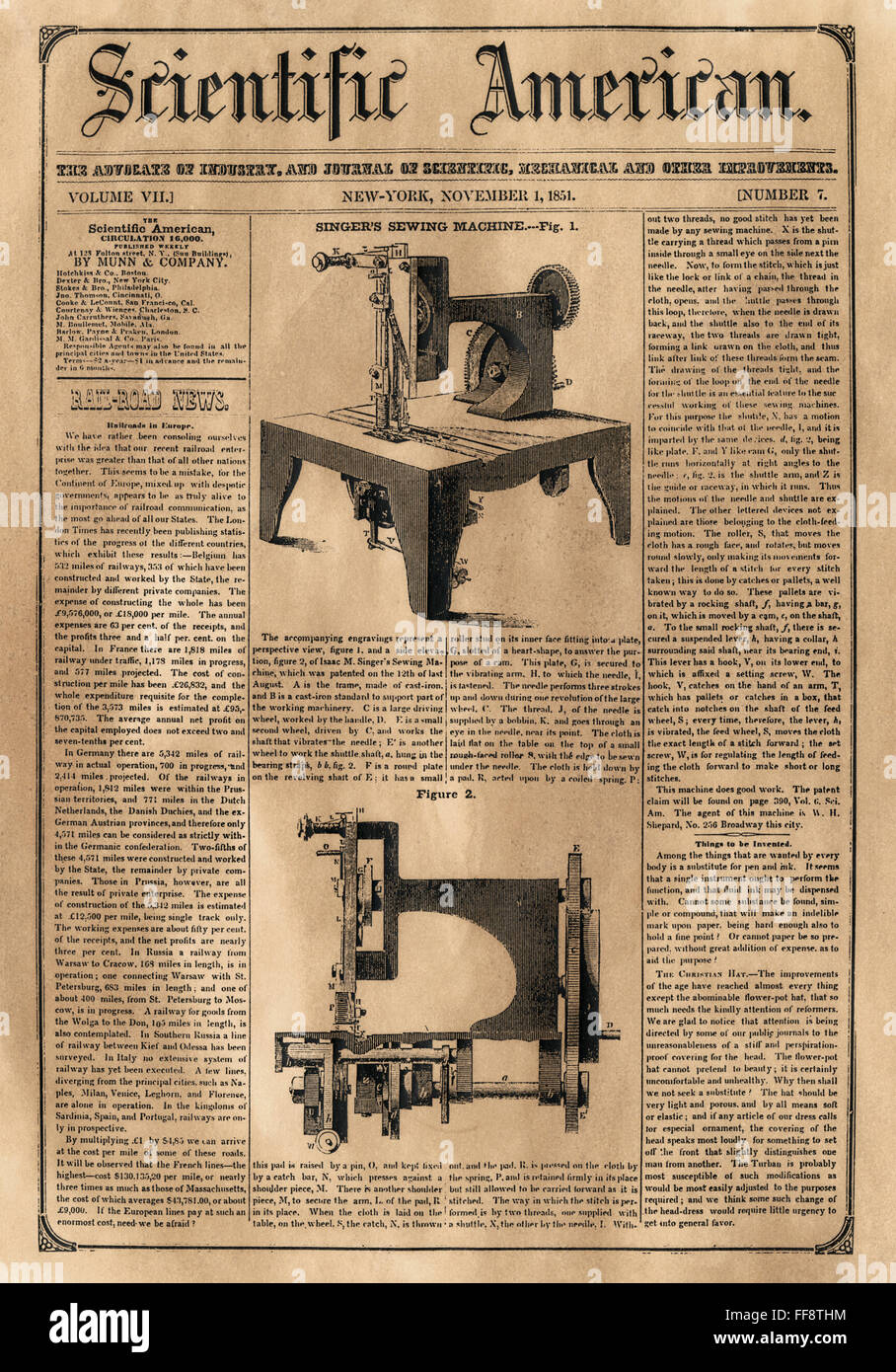 MACHINE À COUDRE SINGER. /NDescription de M. Isaac Singer Sewing Machine sur la première page du 'Scientific American', 1 novembre 1851. Banque D'Images
