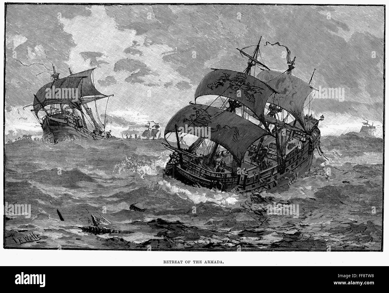 L'Armada espagnole, 1588. /Nla Retreat de l'Armada espagnole. La gravure, la ligne 1588. Banque D'Images