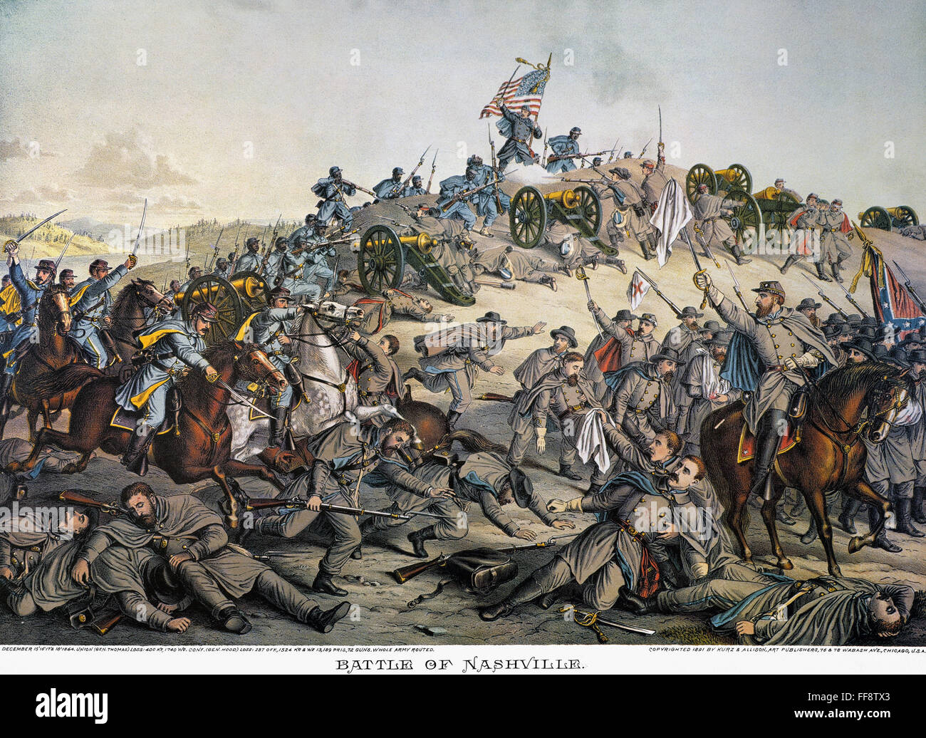 Bataille de Nashville, 1864. /Nla Bataille de Nashville, Tennessee, 15-16 décembre 1864. Lithographie, 1891, par Kurz & Allison. Banque D'Images
