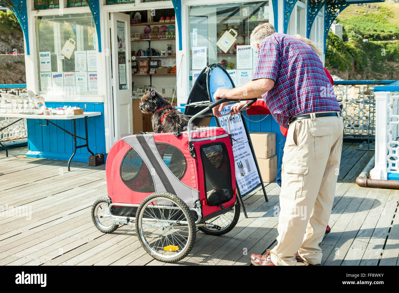 Vieux couple avec chien assis au sommet d'un dogie pram l'homme et la femme sont à la recherche à un panneau d'affichage. Landudno pier au Pays de Galles Banque D'Images