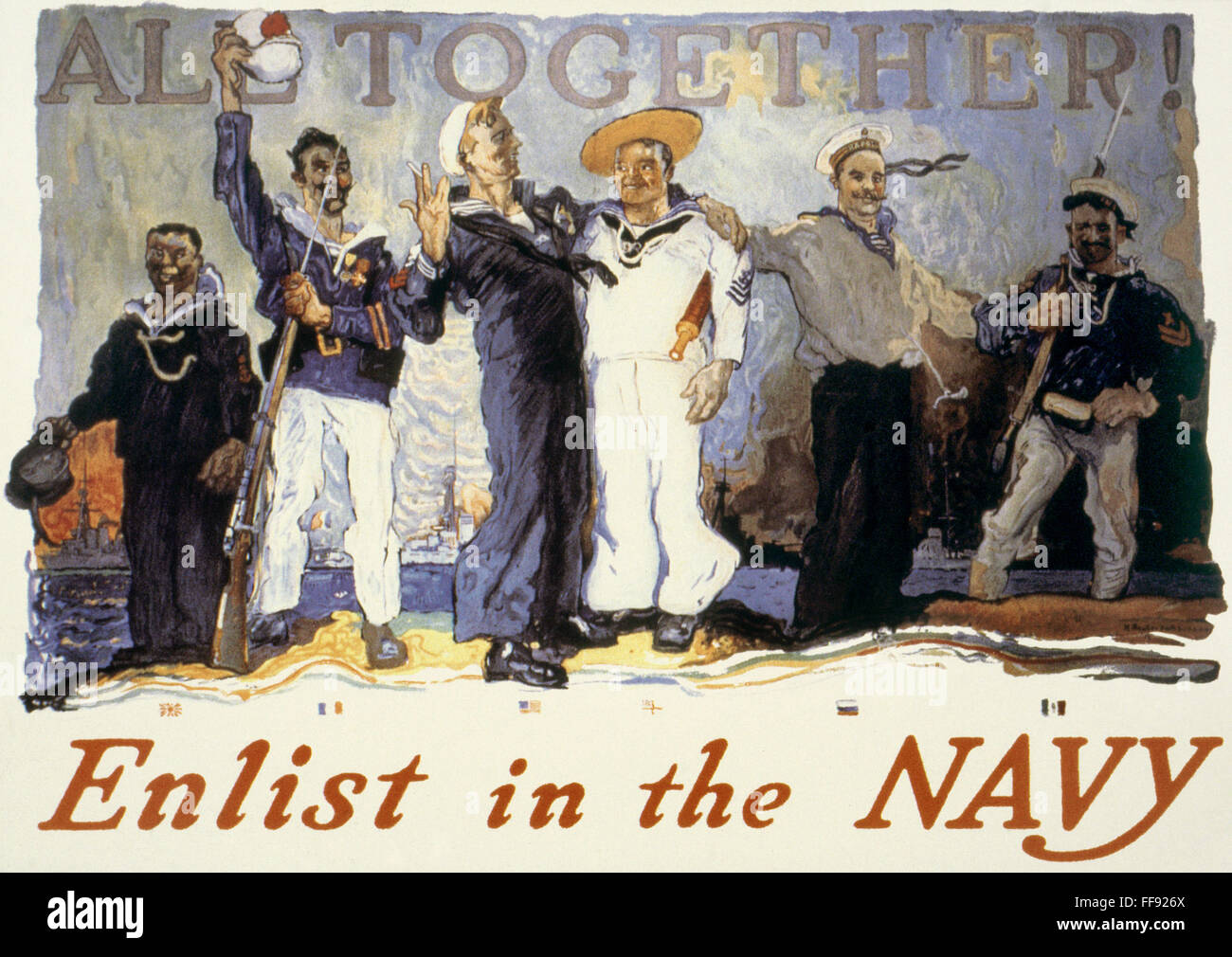 La PREMIÈRE GUERRE MONDIALE : l'affiche américaine. /N'tous ensemble !" La Première Guerre mondiale affiche de recrutement de la Marine américaine, 1917, encourageant la solidarité des Alliés. Banque D'Images