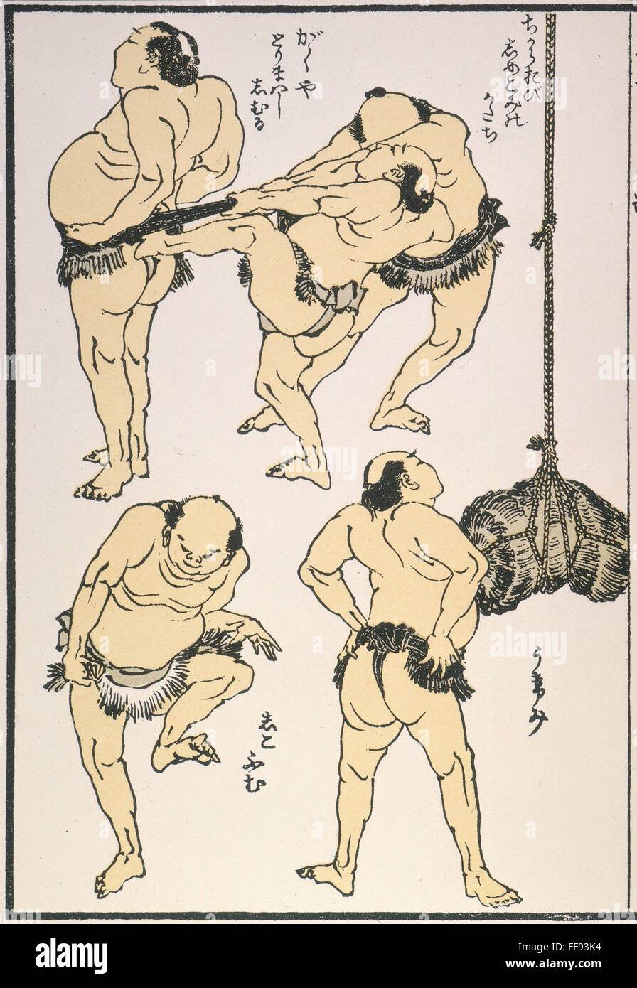 Les lutteurs de sumo, 1817. /NJapanese les lutteurs de sumo se préparer  pour un match. Attacher la ceinture, essayant les postures défensives,' et  'Estampillage les pieds.', 1817 Estampe de Hokusai, pour son '