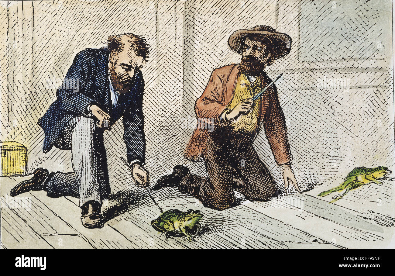 FROG DE COMTÉ. /NJim Smiley, Simon Wheeler, et la grenouille Dan'l à l'apogée de la course Mark Twain's 'Le célèbre Jumping Frog de comté, et d'autres croquis,' 1867. Banque D'Images