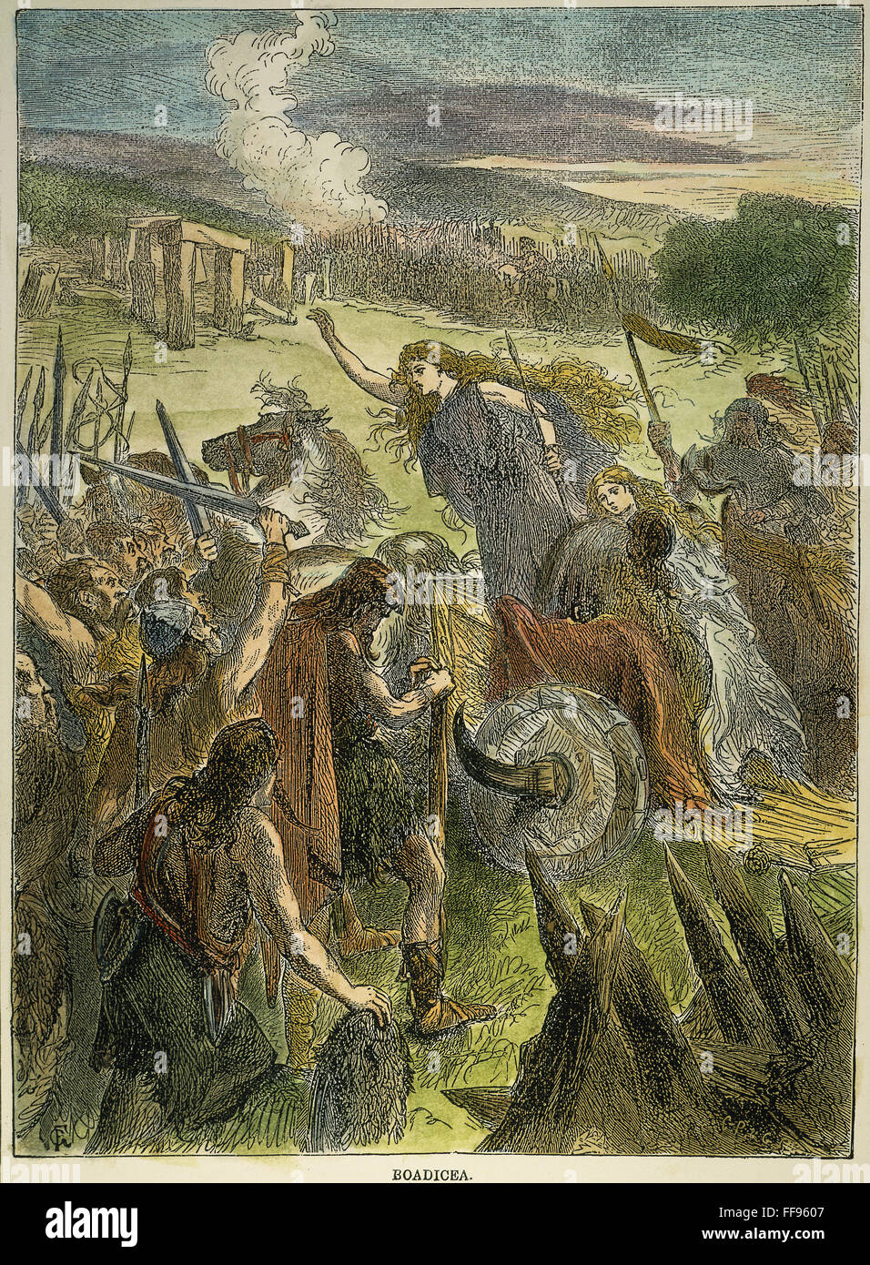 Reine BOADICEA, 1er 100. /NQueen Boadicea (d.62) conduisant les Iceni (bretons de Norfolk et de Suffolk) contre les Romains : gravure, 19e siècle. Banque D'Images