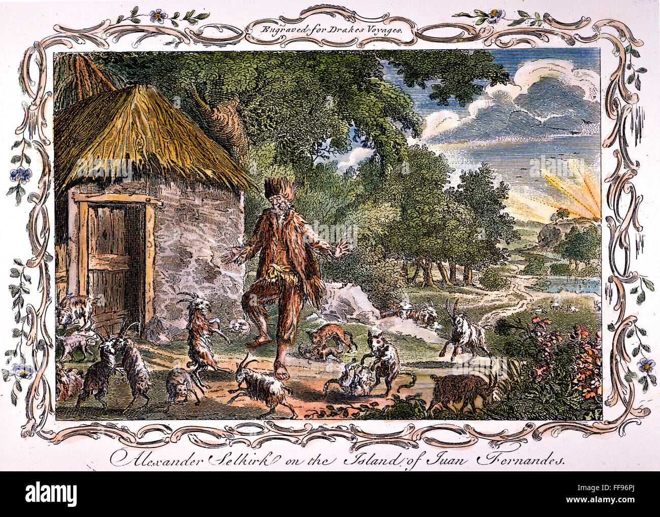 ALEXANDER SELKIRK /n(1676-1721). Le marin écossais sur lequel Daniel Defoe fonde son caractère de Robinson Crusoé, sur Mas-a-Tierra où il vivait seul à partir de 1704-1709. Gravure anglaise, 18ème siècle. Banque D'Images