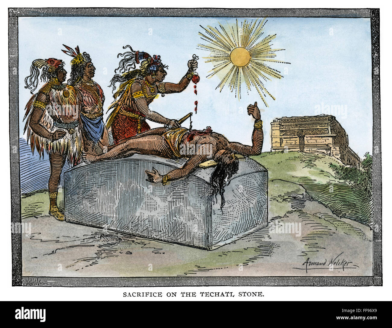 SACRIFICE RITUEL aztèque. /NAztec prêtres effectuant le sacrifice d'un coeur humain pour le soleil : la gravure, 19e siècle. Banque D'Images