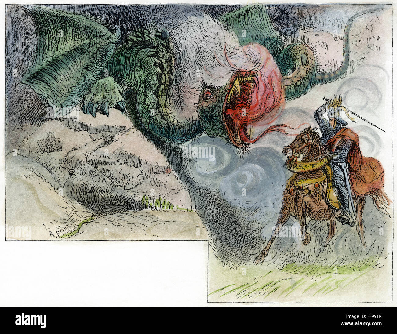 Chevalier et dragon. /NA chevalier errant de combattre un dragon. La gravure sur bois, 19e siècle. Banque D'Images