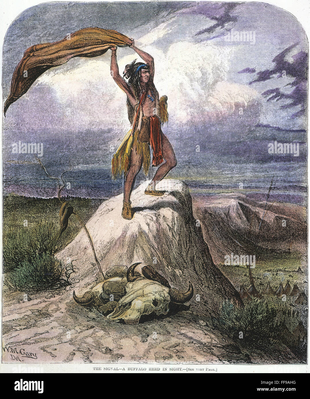 Amérindiens des plaines : SIGNAL, 1873. /NA Amérindiens des plaines en agitant sa couverture pour signaler l'approche d'un troupeau de bisons. La gravure sur bois, 1873. Banque D'Images