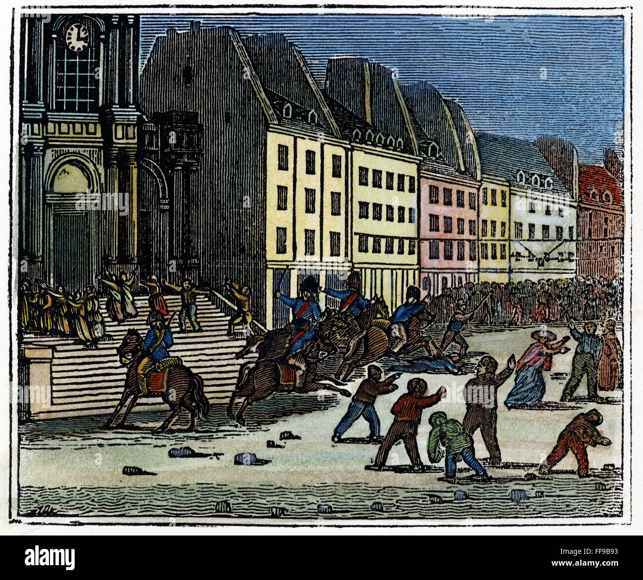 Révolution française, 1830. /NStreet combats avant l'église St Roch à Paris pendant la révolution de juillet 1830. La gravure sur bois, cuisine américaine, c1835. Banque D'Images