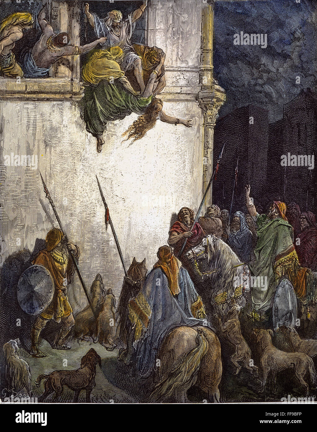 Mort de Jézabel. /Nla Mort de Jézabel (II Rois 9:33). La gravure sur bois après Gustave DorΘ. Banque D'Images