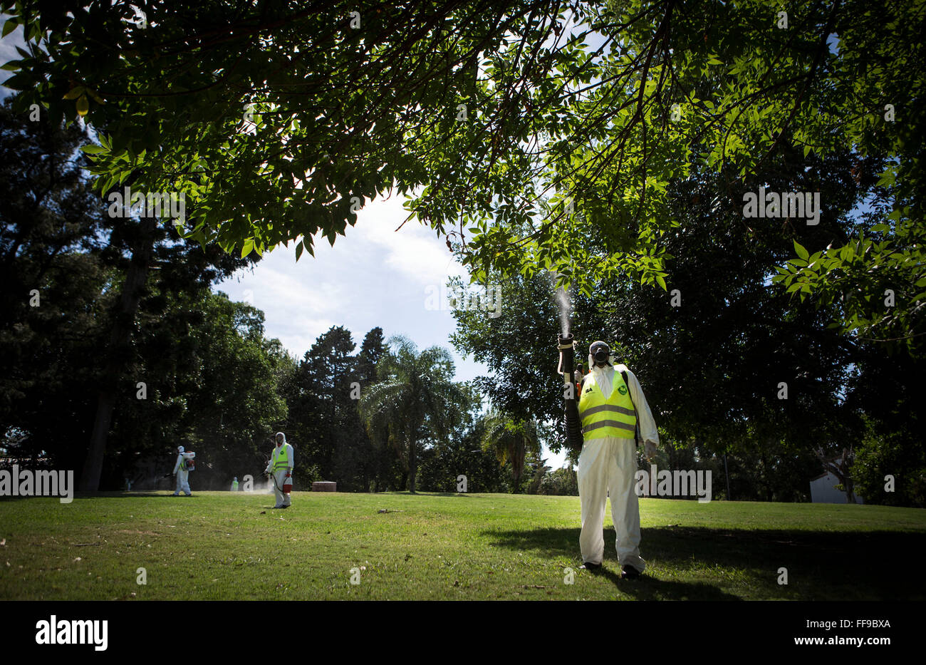 Buenos Aires, Argentine. Feb 11, 2016. L'environnement de l'Argentine et de l'espace public Ministère des membres de la brigade de fumigation spay insecticide dans une zone de Saavedra Park, dans un effort pour contrôler l'Aedes aegypti, à Buenos Aires, capitale de l'Argentine, le 11 février, 2016. © Martin Zabala/Xinhua/Alamy Live News Banque D'Images