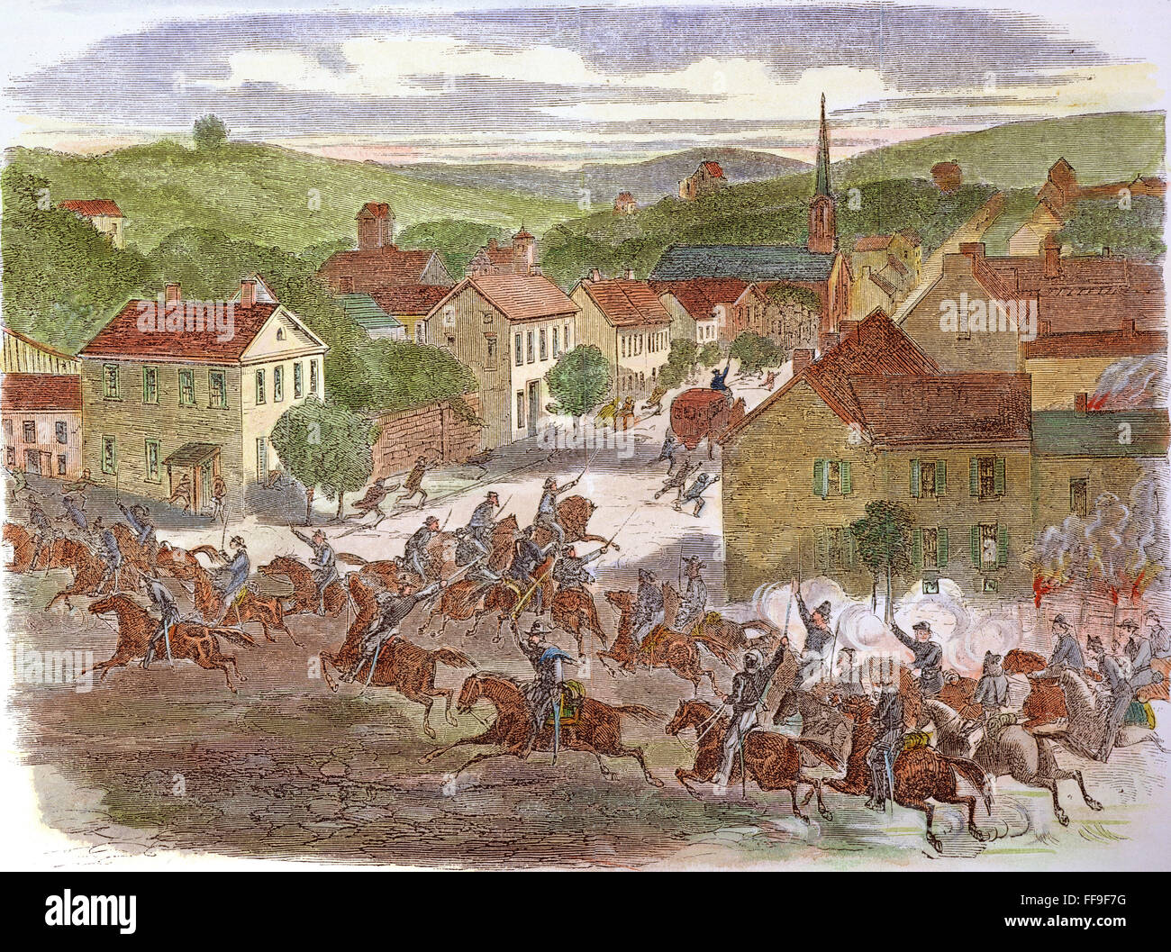 OHIO : MORGAN'S RAIDERS 1863. /NJohn Hunt Morgan et son Confederate raiders entrant dans la ville de Washington, l'Ohio, juillet 1863. La gravure sur bois contemporain. Banque D'Images