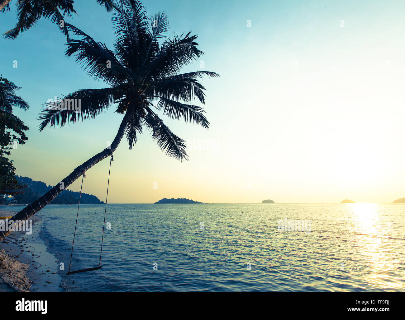 Magnifique coucher de soleil sur une plage tropicale, palmier avec une balançoire. Banque D'Images