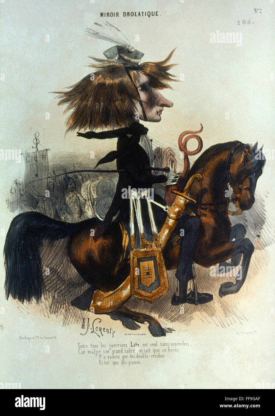 FRANZ LISZT (1811-1886). NHungarian /pianiste et compositeur. Comme un  soldat hongrois, à jouer du piano à cheval. Caricature lithographie, 1842,  par Alcide Joseph Lorentz Photo Stock - Alamy