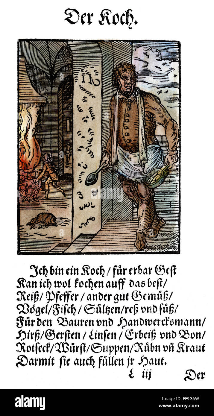 La cuisine, 1568. /Nl'Cook. Gravure sur bois en couleur par Jost Amman, 1568. Banque D'Images