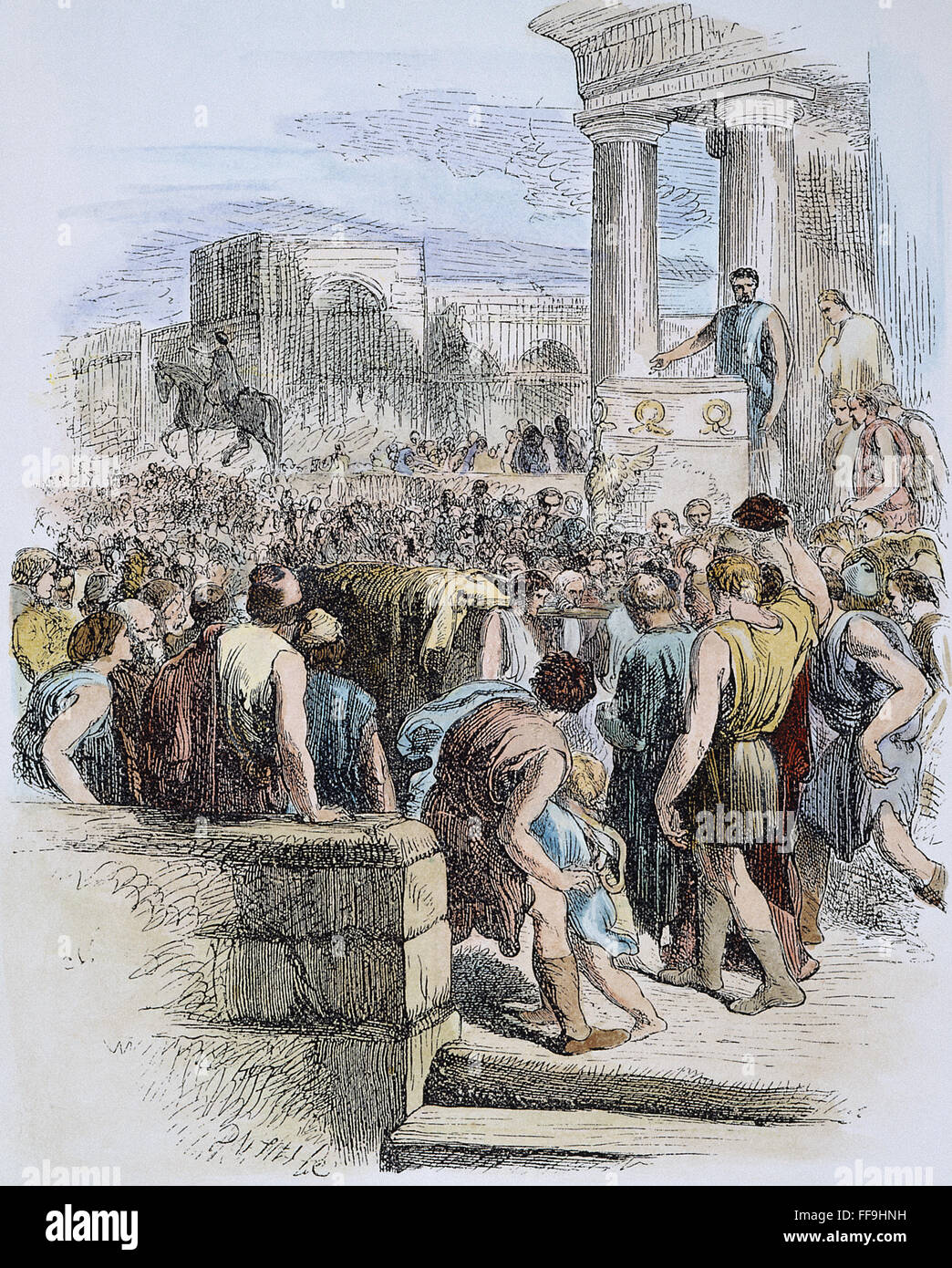 SHAKESPEARE : JULES CÉSAR. /NMarcus Junius Brutus s'attaquer aux citoyens de Rome dans l'Acte III, scène 2 de William Shakespeare "Jules César." après gravure Sir John Gilbert. Banque D'Images