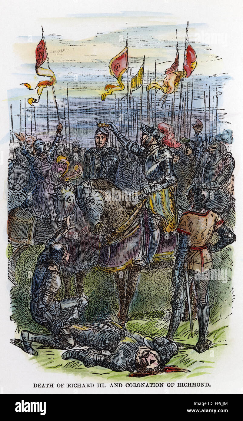 HENRY VII (1457-1509). /NKing de l'Angleterre, 1485-1509. La défaite et la mort du roi Richard III à la bataille de Bosworth Field, 22 août 1485, par le comte de Richmond, qui a été immédiatement reconnu comme le roi Henri VII. La gravure de ligne, 19e siècle. Banque D'Images