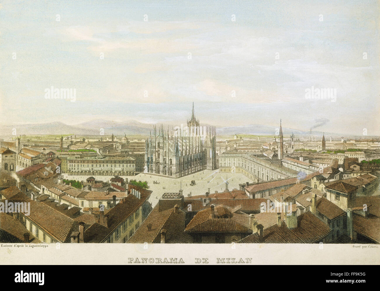 MILAN, ITALIE, c1860. NPanoramic /Avis de Milan, Italie : gravure couleur italienne, c1860. Banque D'Images