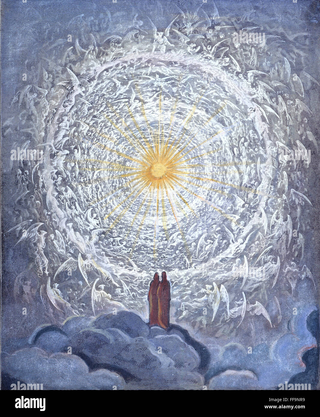 DANTE'S PARADISE : EMPYREAN. /NBeatrice Dante conduit dans l'Empyrean, ou le plus élevé du ciel, où il voit les angles et l'âme de la bienheureuse formant une rose blanche neige présents sur la Divinité (Paradiso : XXXI, 1-3) : gravure sur bois après Gusta Banque D'Images