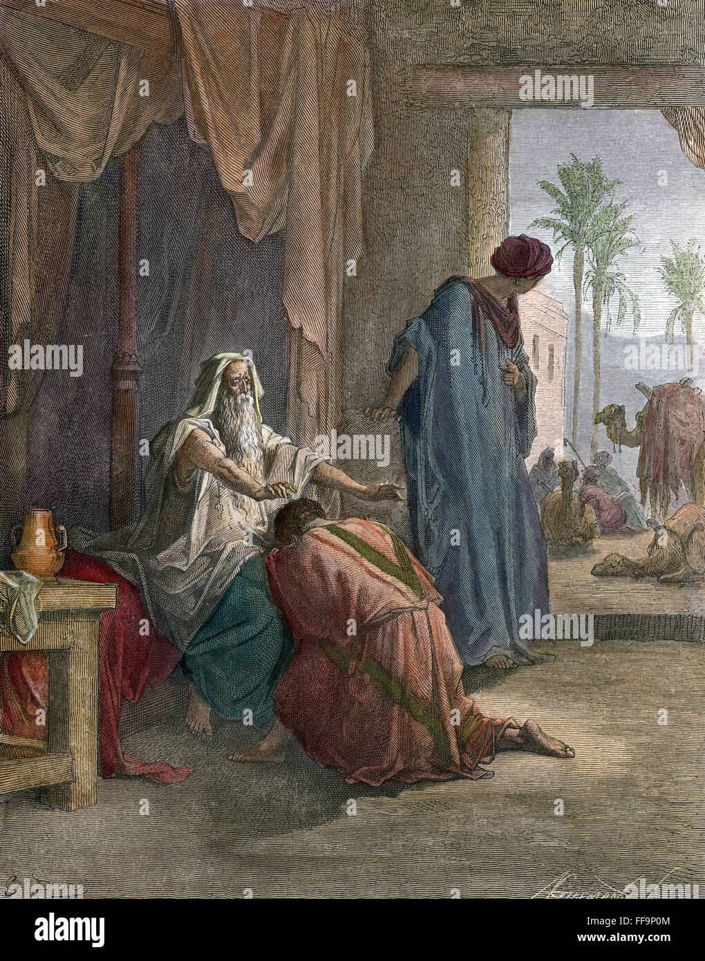 ISAAC et Jacob. /NIsaac bénir Jacob (Genèse 27 : 26-29). La gravure sur bois après Gustave DorΘ. Banque D'Images