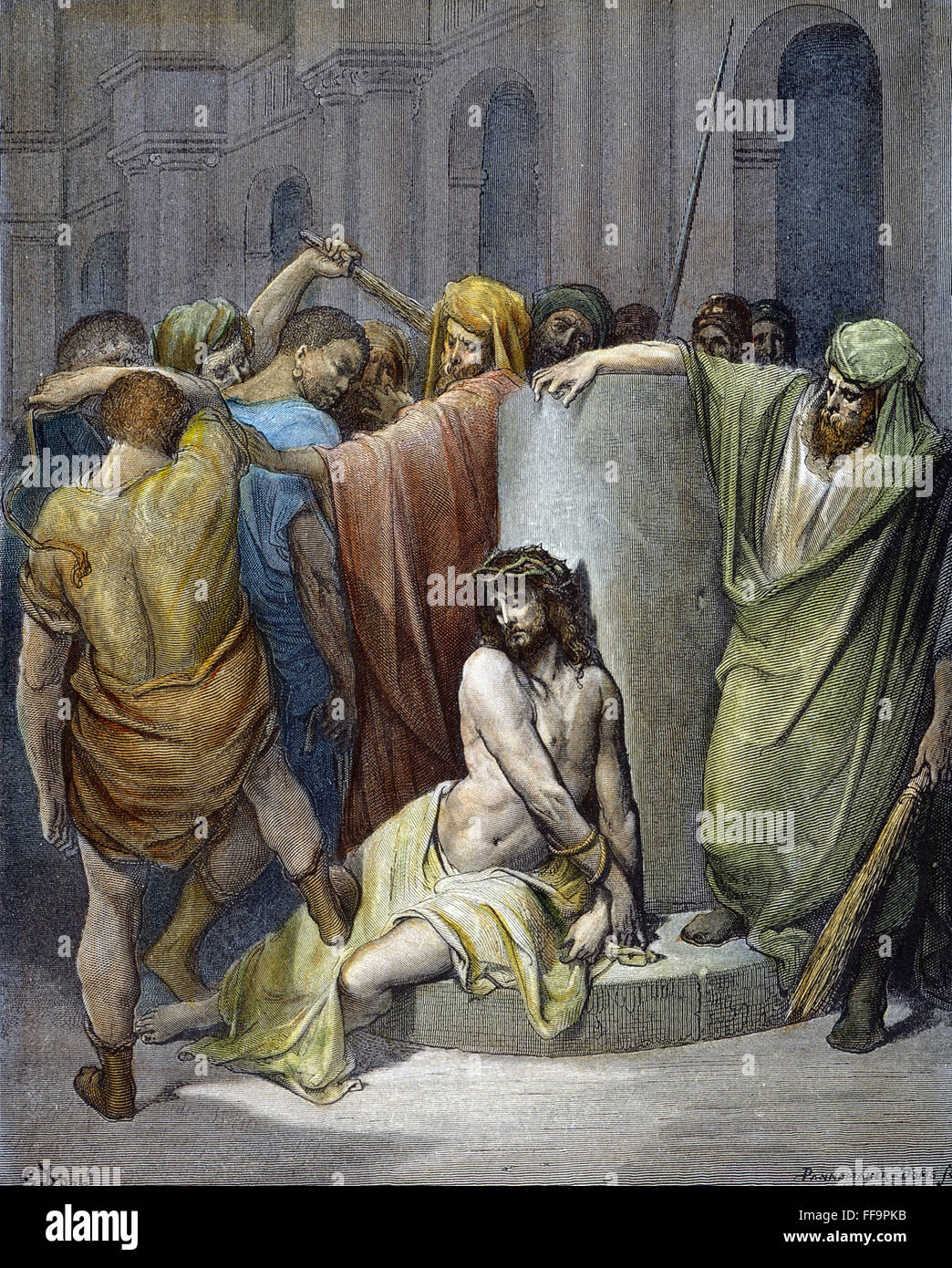 Jésus : flagellation. /Nla flagellation de Jésus par l'ordre de Ponce Pilate (Jean 19:1). La gravure sur bois après Gustave DorΘ. Banque D'Images