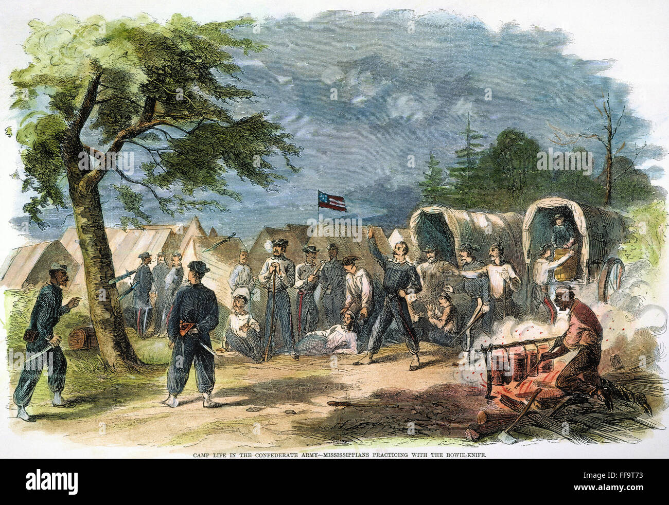 CAMP des confédérés, 1861. /NConfederate troupes du Mississippi pratiquant avec le couteau Bowie dans camp. La gravure sur bois à partir d'un journal du nord-américaine de 1861. Banque D'Images