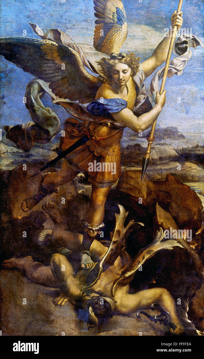 ST. MICHAEL. /NWorkshop de Raphael : Saint Michel écrasant le dragon. L'huile. Banque D'Images