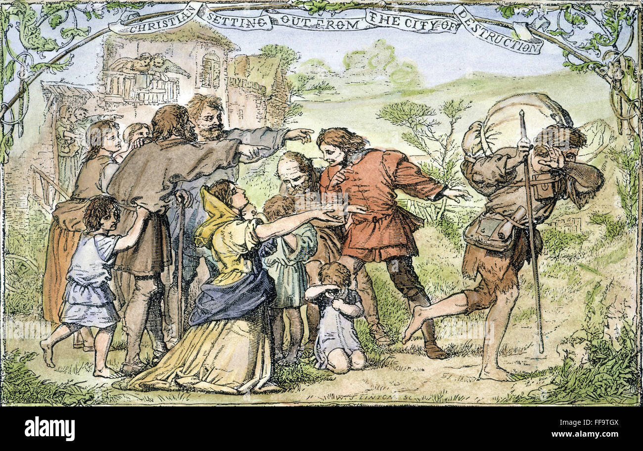 BUNYAN : PILGRIM'S PROGRESS. /N'Christian au départ de la ville de la destruction." gravure sur bois d'après un dessin de H.C. Selous, pour une édition 1844 de John Bunyan's 'The Pilgrim's Progress", publié pour la première fois à Londres en 1678. Banque D'Images
