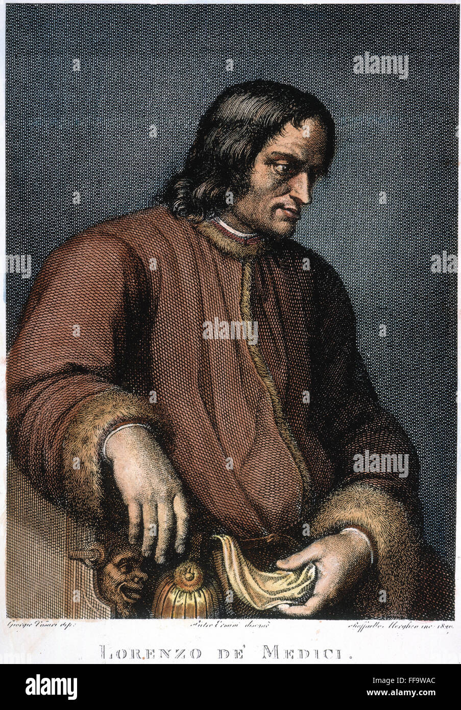 LORENZO DE MEDICI /n(1449-1492). Homme d'état florentin et la règle. Gravure sur cuivre, 1820, par Raffaello by Pollaiuolo Antonio après Giorgio Vasari (1511-1574). Banque D'Images