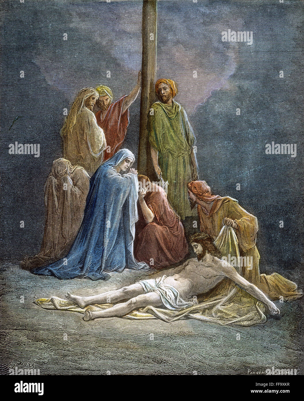 ╔ DOR : Christ Mort. /N(Jean 19:40). La gravure sur bois après Gustave DorΘ (1833-1883). Banque D'Images
