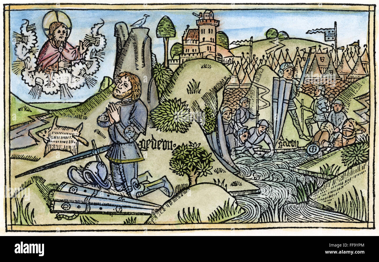 Gédéon. NAt /gauche, limitrophes avec Dieu, cherchant un signe par la formation de rosée sur la toison tandis qu'à droite, Gédéon choisit ses hommes par la façon dont ils boivent de la rivière (Juges 6,7). Gravure sur bois de la Bible, 1478-80. Banque D'Images