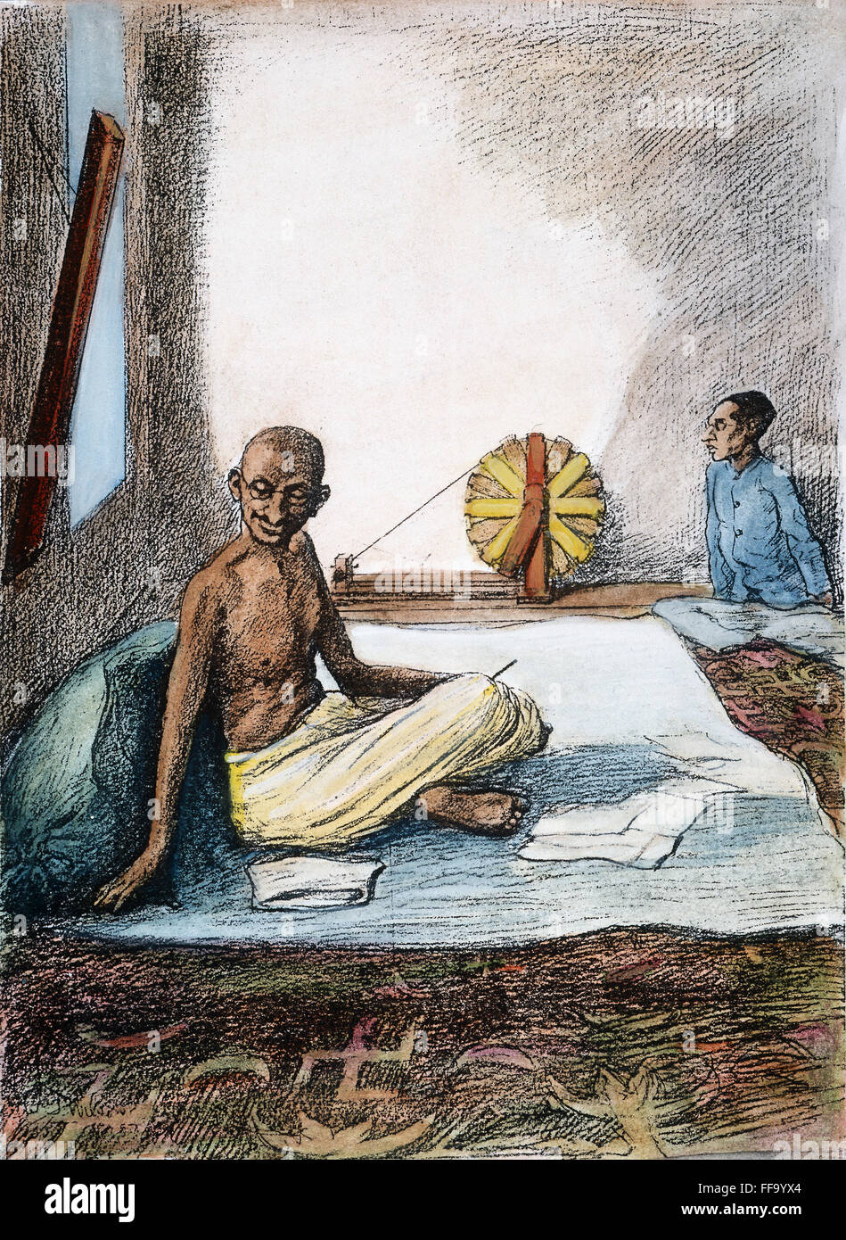 MOHANDAS GANDHI (1869-1948). /NIndian et nationaliste chef spirituel. Gandhi avec sa secrétaire Mahadev Desai dans un bungalow à Madras, en Inde, en 1921. Dessin Contemporain. Banque D'Images