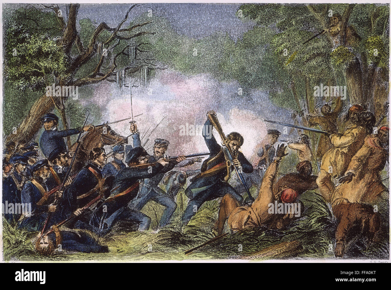 ZACHARY TAYLOR (1784-1850). /NColonel Zachary Taylor et ses hommes à l'encontre du Seminole Les amérindiens au lac Okeechobee, en Floride, le 25 décembre 1837. Gravure sur acier, 1860. Banque D'Images