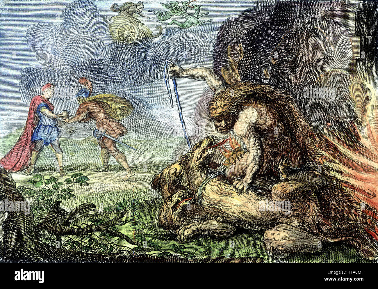 Mythologie : Hercules. /NHercules Cerberus et chaînage Aegeus sauver Thésée d'être empoisonné par Medea (battant dans son char). Gravure en ligne, l'anglais, fin du 18e siècle. Banque D'Images