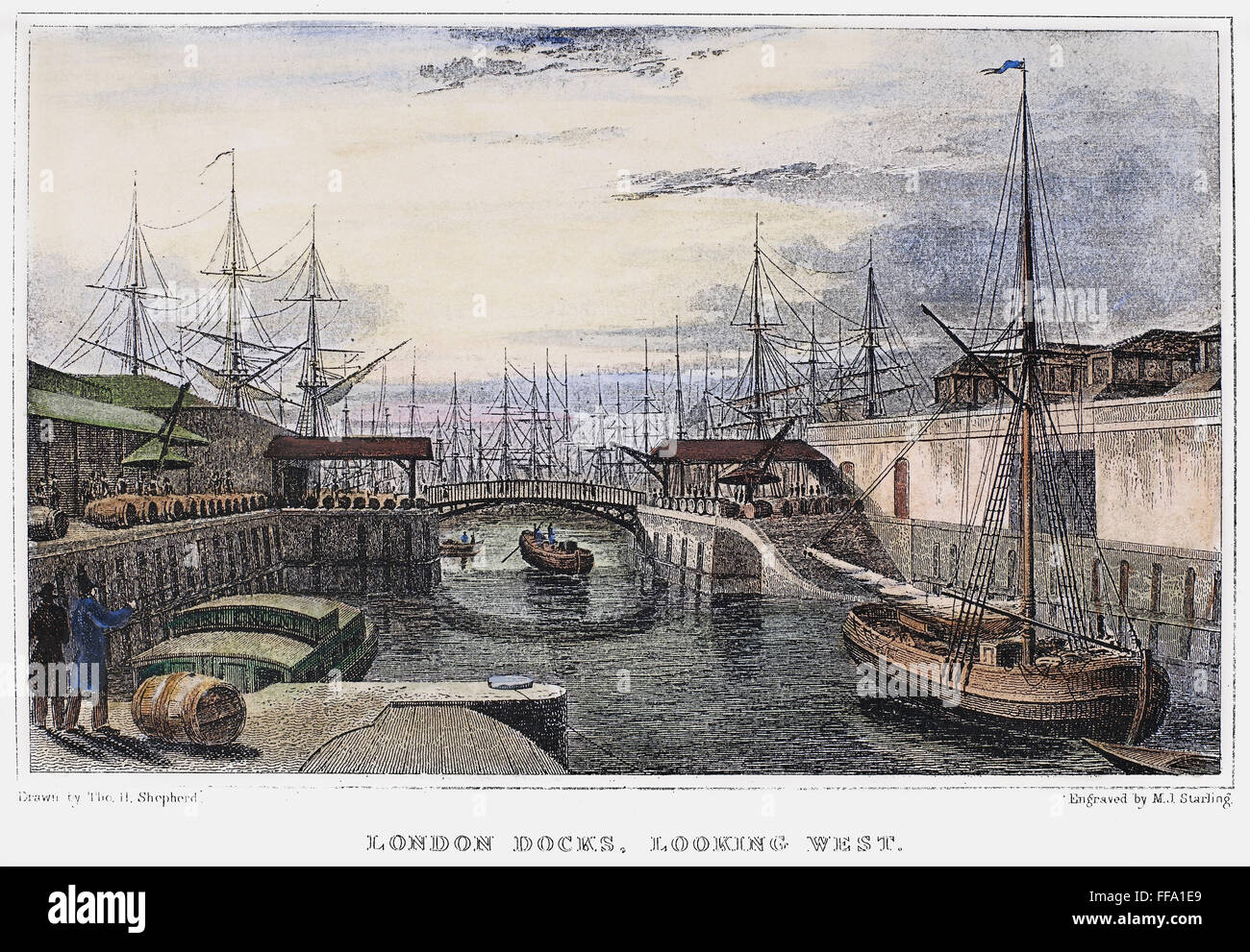Angleterre : Londres, 1831. /De l'nView docks de Londres, à l'ouest. Gravure sur acier, anglais, 1831, après Thomas Berger. Banque D'Images