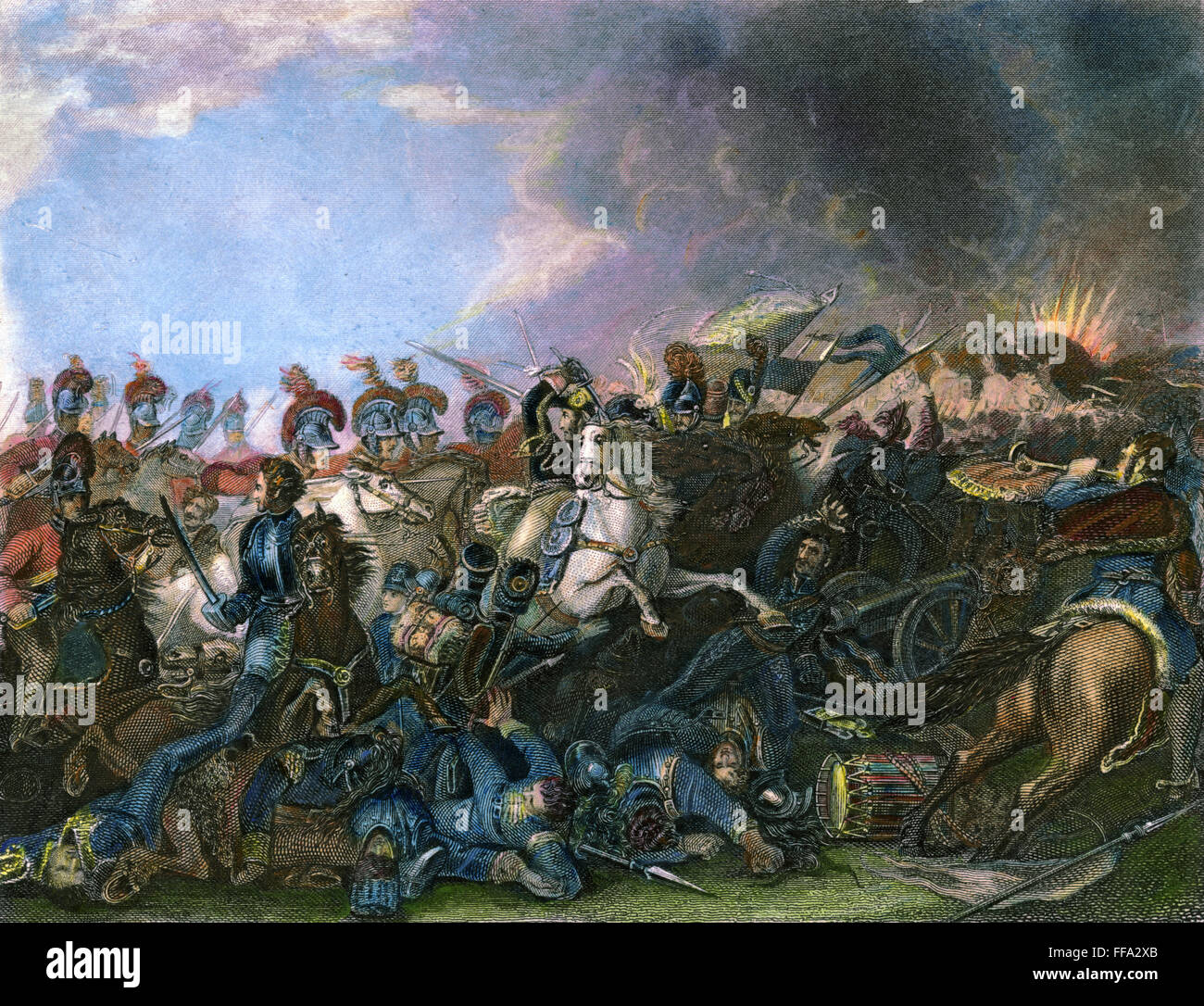 Napoléon I : WATERLOO. /Nla charge décisive de la vie britannique protège contre l'armée de Napoléon à la bataille de Waterloo, le 18 juin 1815. Gravure sur acier, Anglais, 19ème siècle. Banque D'Images