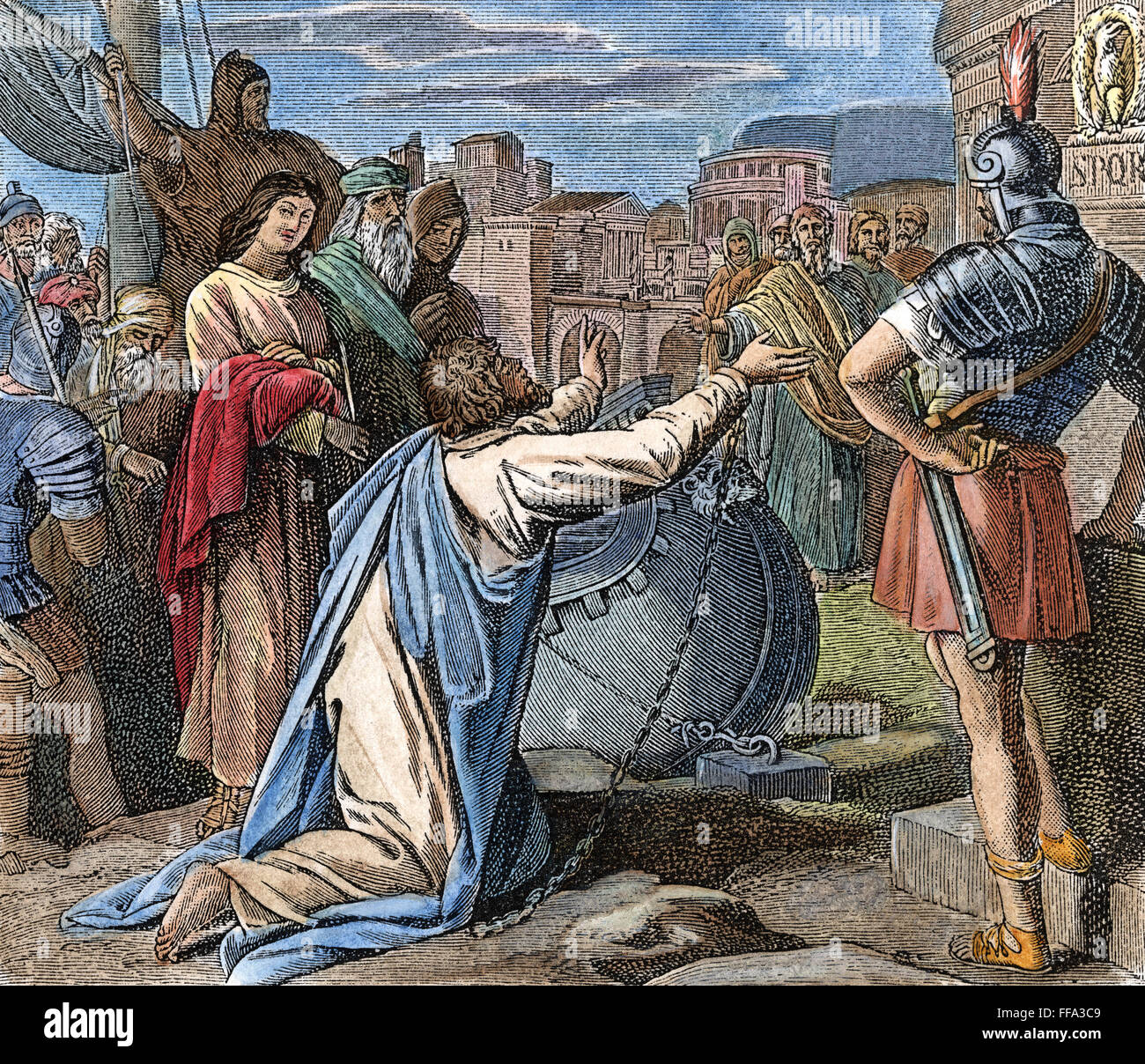 ST. PAUL DANS LES CHAÎNES. /NSt. Paul arrive à Rome dans les chaînes (Actes 28:16). La gravure sur bois, 19e siècle. Banque D'Images