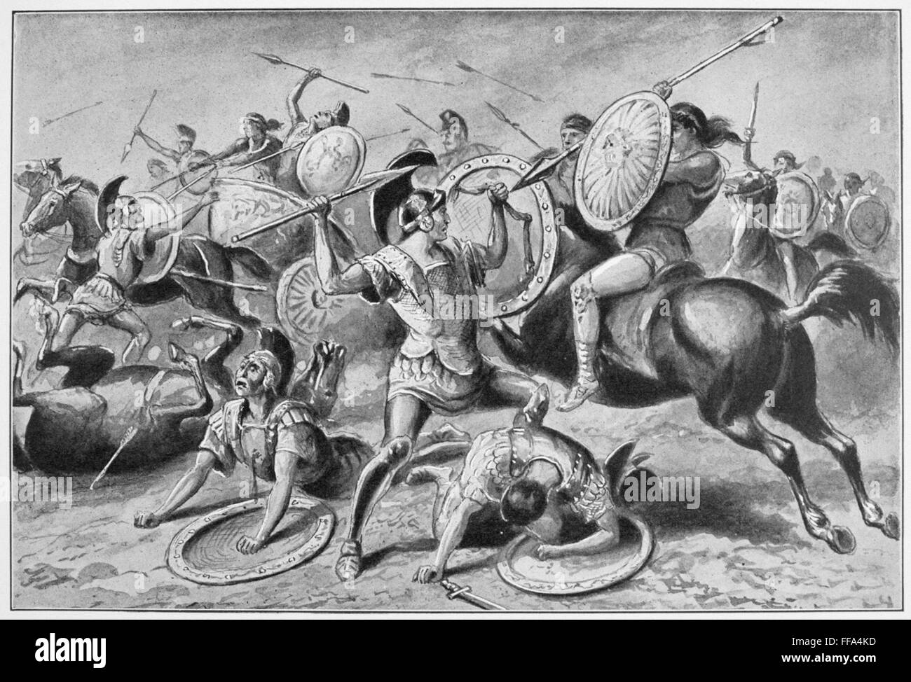 EPAMINONDAS (c410-362 BC). Général nTheban /et plus. Epaminondas sauve la vie de son ami Pelopidas à la bataille de Mantineia, 385 B.C. Dessin, c1900. Banque D'Images