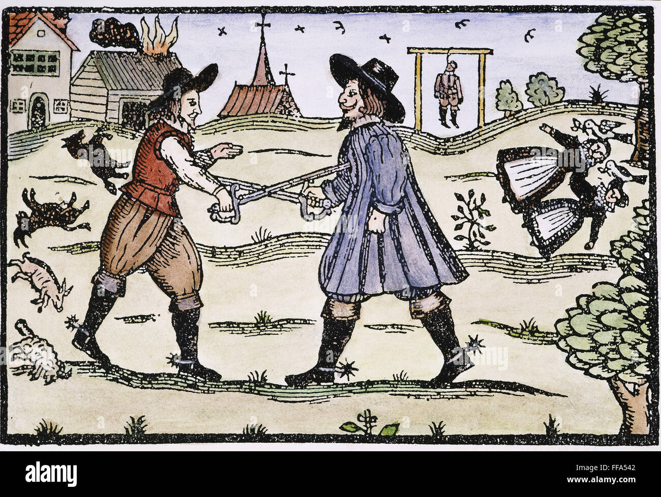 Un duel, 1595. NWoodcut /de la célèbre ballade anglaise 'les filles dans les bois, 1595", illustrant la tragédie du méchant oncle et les enfants sans défense. Banque D'Images