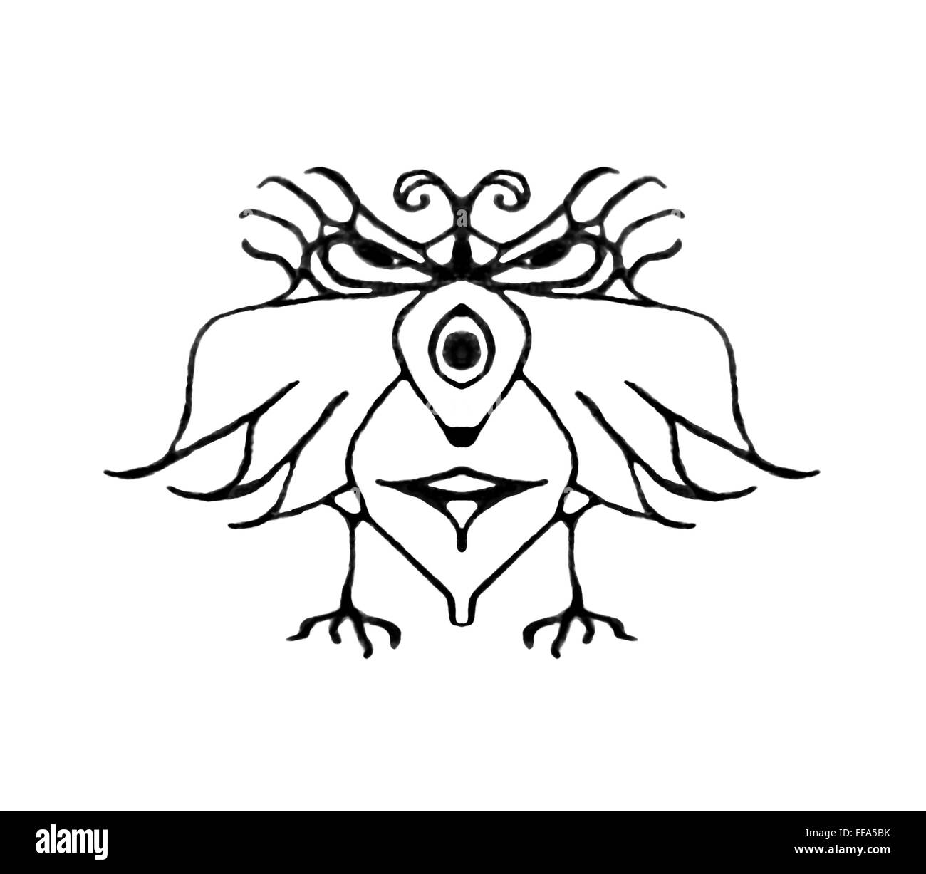 Dessin au crayon noir et blanc fantaisie technique oiseau avec la colère ou l'expression grave isolé en fond blanc. Banque D'Images