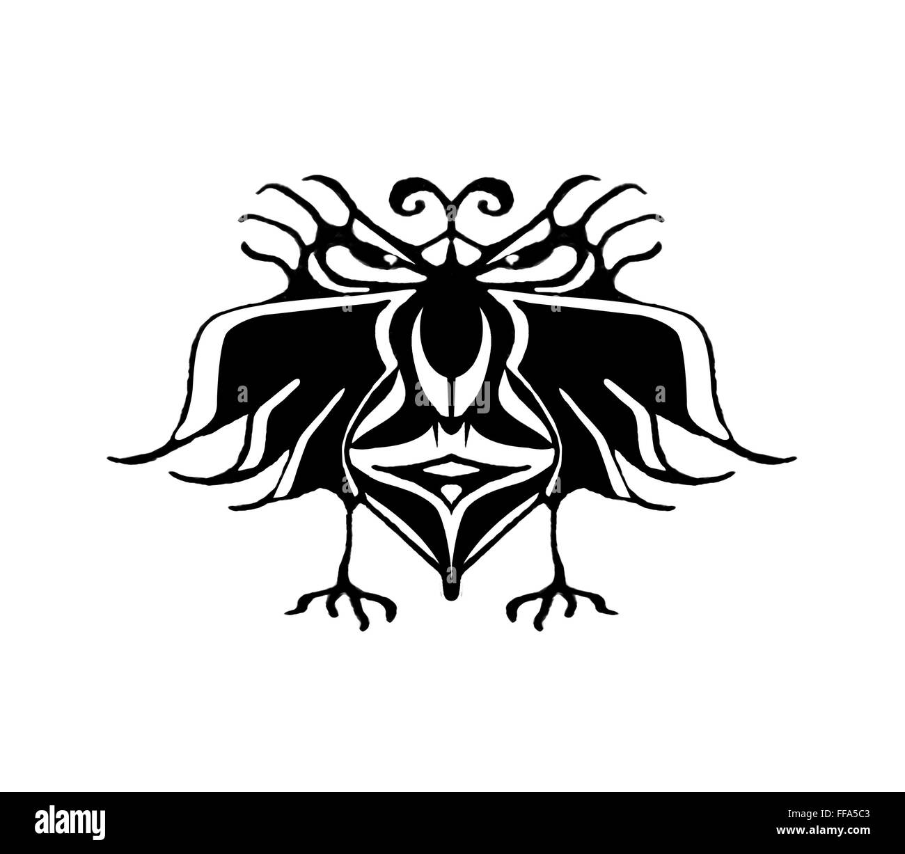 Dessin au crayon noir et blanc fantaisie technique oiseau avec la colère ou l'expression grave isolé en fond blanc. Banque D'Images