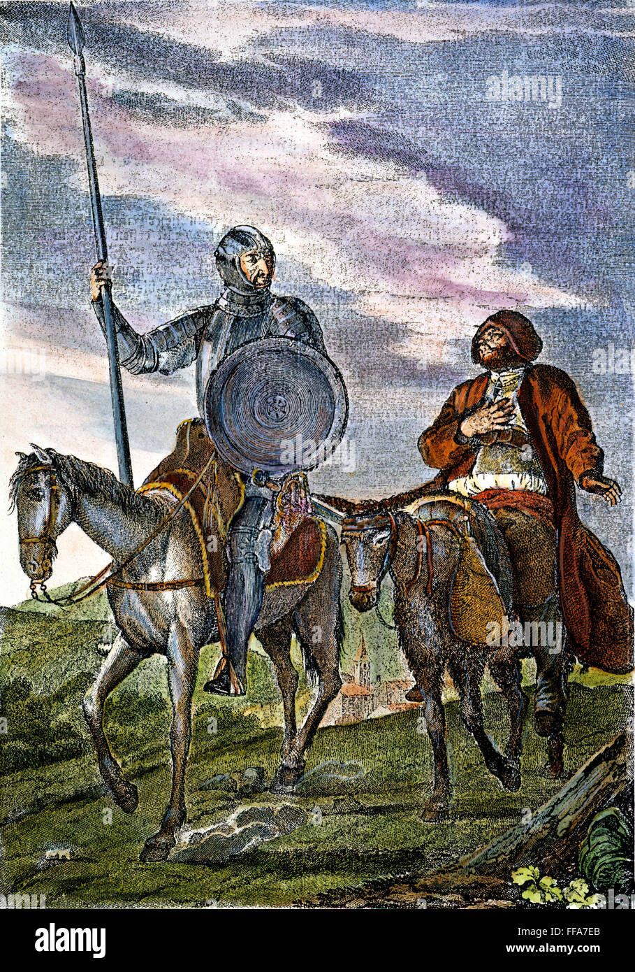 DON QUICHOTTE /net Sancho Panza. Gravure couleur de l'Académie de Madrid édition de 'Don Quichotte de Cervantes" publié en 1780. Banque D'Images