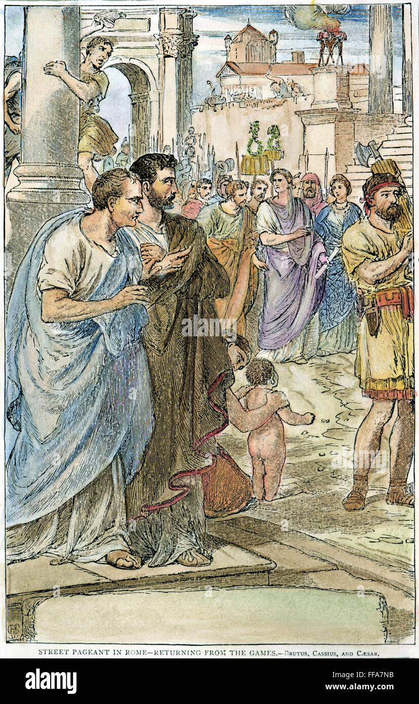 Jules César (100 B.C-44 C.-B.). Général nRoman /et plus. César (en haut à droite au centre), tenant un livre, de retour de l'Jeux à Rome ; Brutus et Cassius en premier plan à gauche : la gravure sur bois, fin du xixe siècle. Banque D'Images