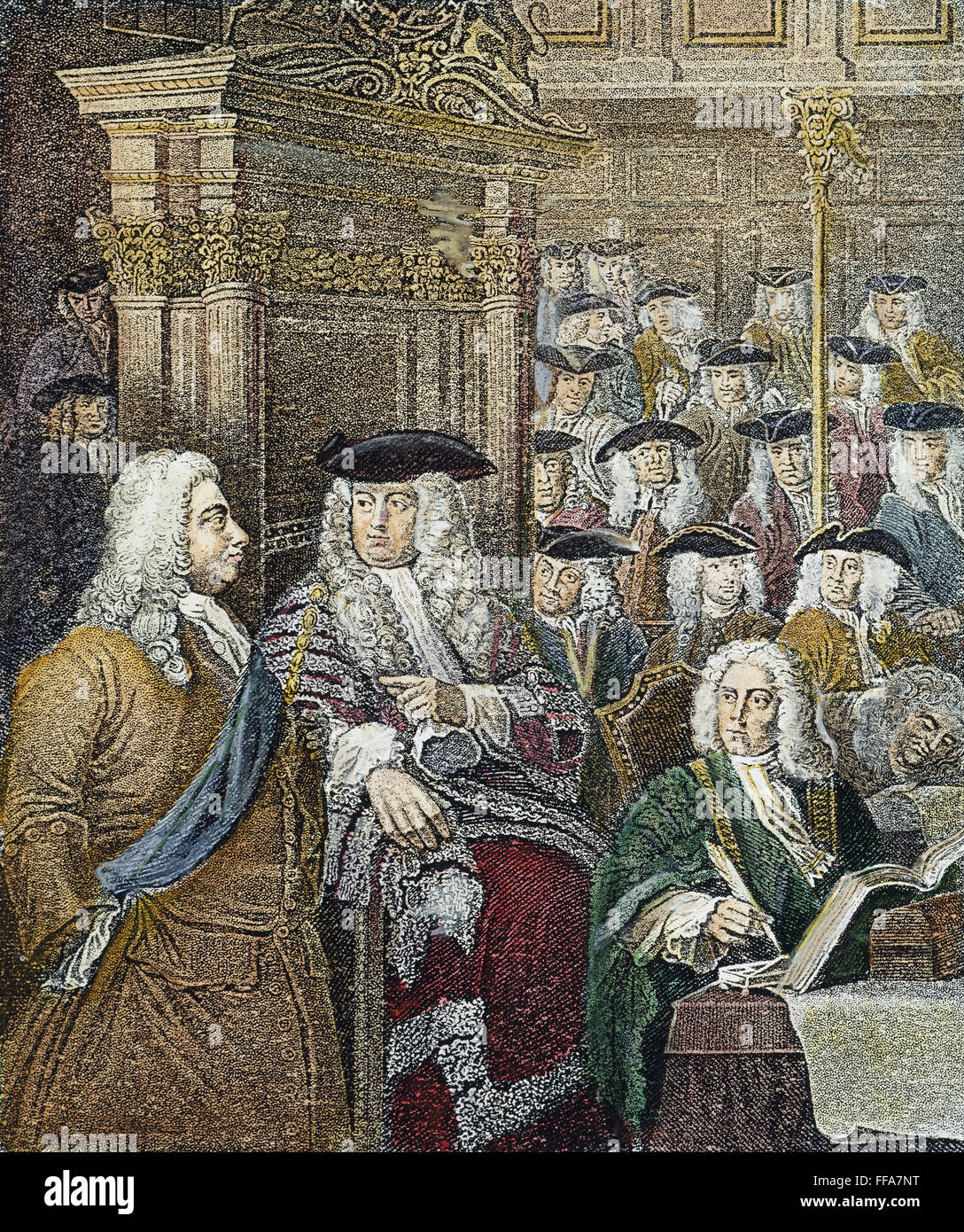 ROBERT WALPOLE (1676-1745). /N1er comte d'Orford. D'état anglais. Walpole (gauche) à l'entrée de la Chambre des communes avec l'Orateur, Arthur Onslow. Ligne et gravure crépi après William Hogarth et Sir James Thornhill. Banque D'Images