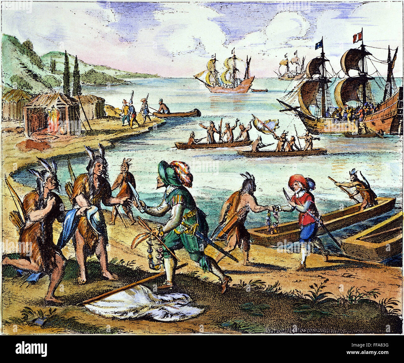 BARTHOLOMEW GOSNOLD/n(1572-1607). Le navigateur anglais. Le commerce avec les Indiens sur Gosnold la côte de la Nouvelle-Angleterre, 1602. Gravure en ligne, 1634. Banque D'Images