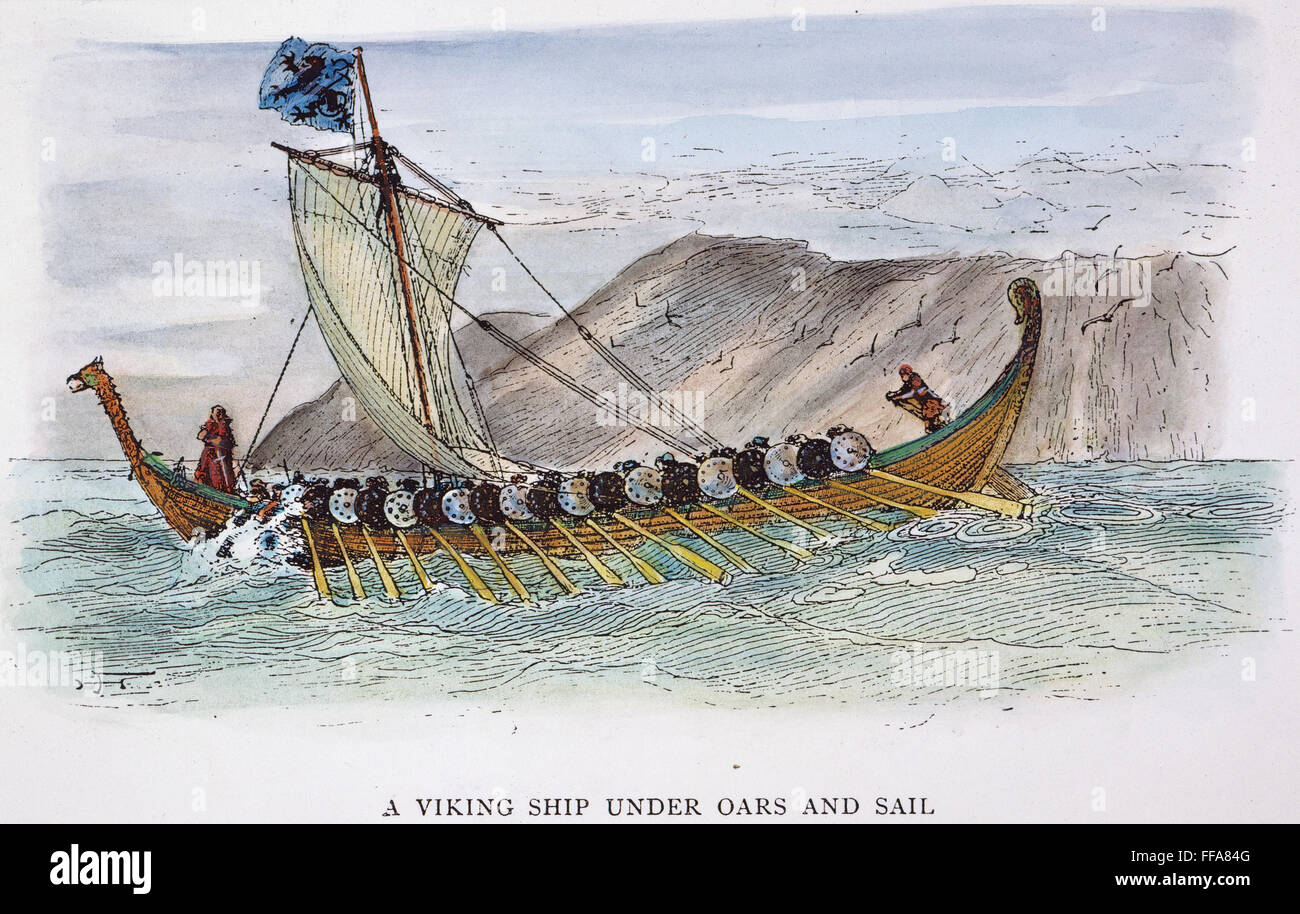 VIKING SHIP, c1000 A.D. /nA bateau viking à l'aviron et la voile. Dessin de Harry Fenn, c1905. Banque D'Images